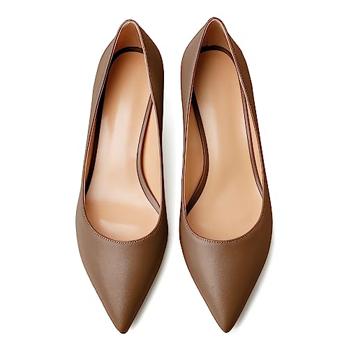 Yodeks Women's Low Kitten Pumps Pointed Toe 2" Middle Heel Slip On Business Soft Leather Comfort Dress Pumps Shoes Chocolate Dark Tan Brown Us6 #TOP2