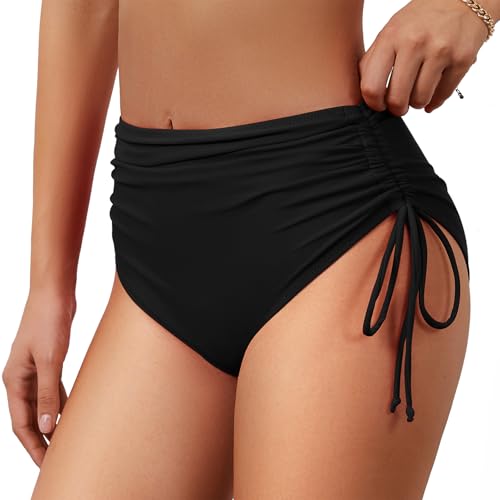High Waisted Bikini Bottoms for Women Tummy Control Swimsuits Bottoms Full Coverage Ruched Side Tied Bathing Suit Bottom Black XL