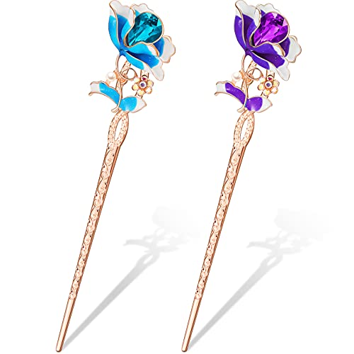 2 Pieces Chinese Hair Chopstick Rhinestone Flower Hair Stick Flower Hair Pin Hair Clip Metal Hair Stick Vintage Hair Pin Chignon Pin Long Hair Decor Accessories for Women Girls, 2 Colors