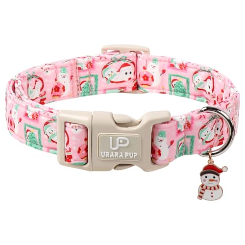 Image of Christmas Dog Collars - Lovely Pink Snowman and Lantern Print Dog Collar - Lightweight, Adjustable Collar for Small to Large Dogs XS