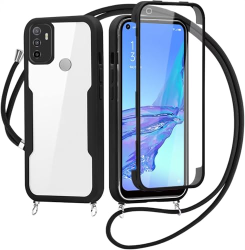 Cover per Oppo A53S/A33 2020/A32/Oppo A53 con Cordino, 360 Gradi Antiurto Custodia con Protezione Schermo Integrata Trasparente Rugged TPU Bumper Doppia Protettiva Cover per Oppo A53S -Nero