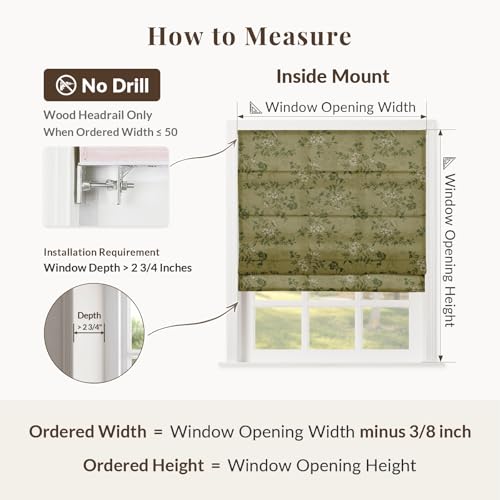 Image of TWOPAGES No Drill Cordless Vintage Floral Print Roman Shades Linen Textured Roman Blinds for Windows, Custom Made Room Darkening Light Filtering Roman Window Shades, Ivy Brown, 1 Piece