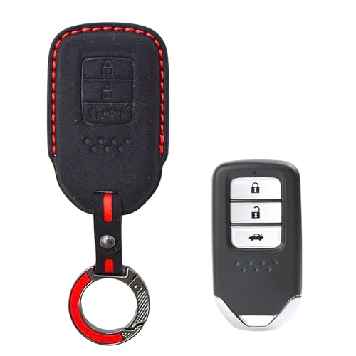 Image of KMH Alcantara Car Key Cover Compatible with Honda City, Civic, Jazz, Amaze, CR-V, WR-V, BR-V Models 3 Buttons Shell Case Holder Full Key Protector Smart Keycover with Keychain (D2) Black - Pack of 1