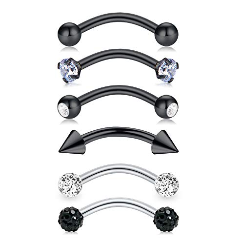 LAURITAMI 6pcs Piercing Ceja Acero Inoxidable 8mm Barbell Curvado Rook Tragus Helix Daith Piercing Joyas 16G