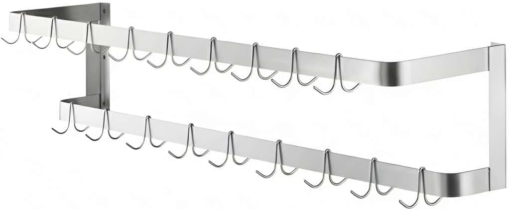 24" Stainless Steel Wall Mounted Double Line Pot Rack with 18 Hooks, Commercial Kitchen Use