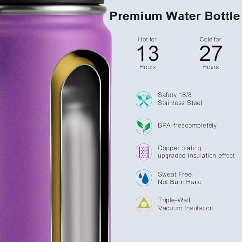 Image of koodee Stainless Steel Water Bottle, 26 oz Double Wall Vacuum Insulsted Sports Bottle with Leakproof Spout Lid (Purple)