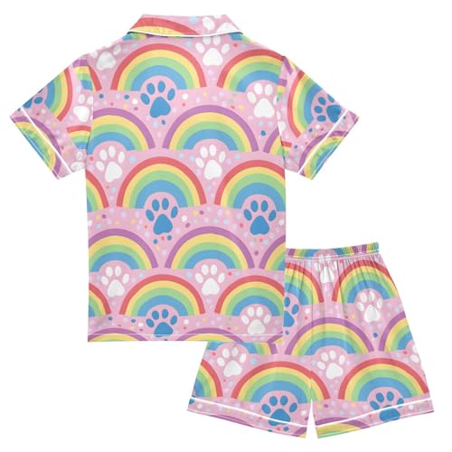 ALAZA Rainbow Cat Paw Print Stylish Pajamas Satin Pajama Set Short Sleeve Button Down Sleepwear2