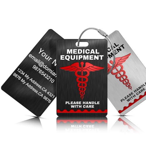 Personalized Stainless Steel Medical Equipment Luggage Tags - Custom Metal Travel Tags and Identifiers - Medical Alert for Carry-On Respiratory Devices - ID Name Tag for Medical Equipment (Black)