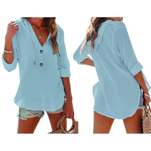 Women's v-Neck Hooded Beach Cover-u Gauze Shirts for Women Beach Cover Up Hoodies Long Sleeve Deep V Neck Vacation Cotton Linen Tops with Pocket Mint Green