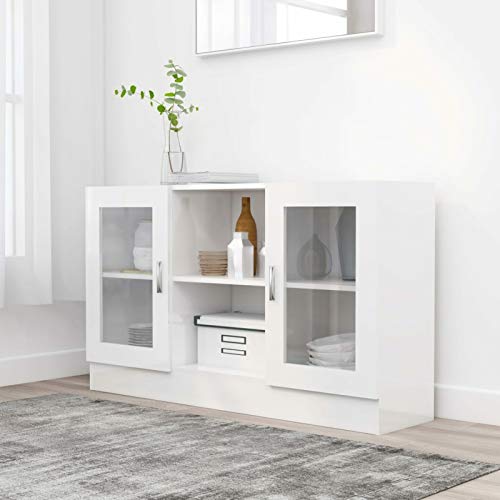 Norheim Vitrina de cristal blanco brillante, aparador, mesa auxiliar, armario multiusos para comedor, vitrina, 120 x 30,5 x 70 cm, material de madera