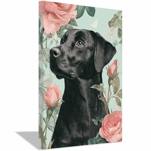 Poster chien drôle tableau sur toile noir 70x100 cm avec cadre pour la salle de bain moderne