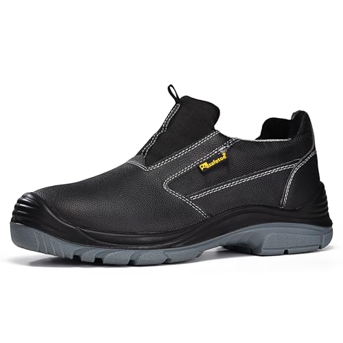 Men's Slip On Work Shoes Low Height Steel Toe Cow Leather Black Safety Shoes with Steel Plate Midsole Lightweight Comfortable Sneakers for Industrial