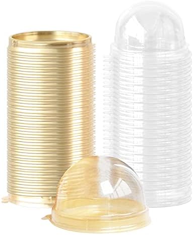 Dceyaor 50 Set Clear Plastic Mini Cake Box, Round Cupcake Holders Plastic Egg-Yolk Puff Container Mooncake Dome Boxes Baking Packing Box (Gold, 3.1 inch)