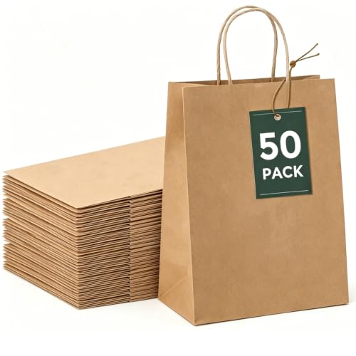 50er-Pack braune Papiertüten mit Henkel 21x15x8 cm Kleine Kraftpapiertüte Wiederverwendbare Geschenktüten Papiertüten für Partys und Versammlungen