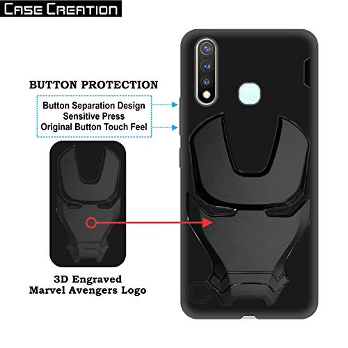 Image of COVERLY Official 3D Touch Feel Trending Avengers Logo Mask Soft Rugged Grip Silicone Iron Man Super Power Cartoon Movie Engraved Silicone Matte Back Cover for Vivo Y19 (2019) -HD Black Avenger