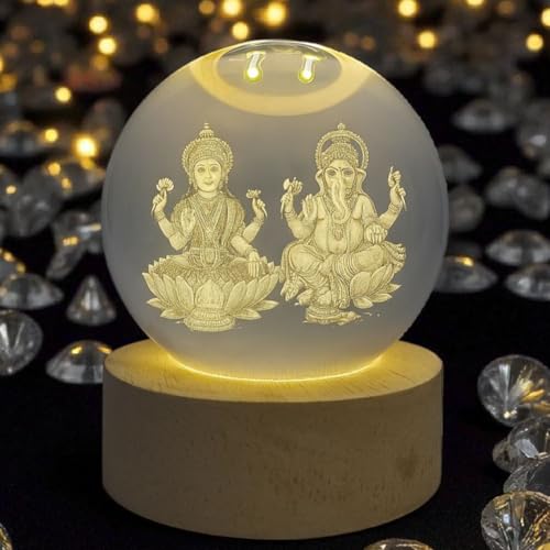 Image of ANTORCHE Lakshmi Ganesh Crystal Ball Lamp with Wooden Base | 3D Engraved LED Night Light for Home Decor, Puja Room & Diwali Gift & Festivals