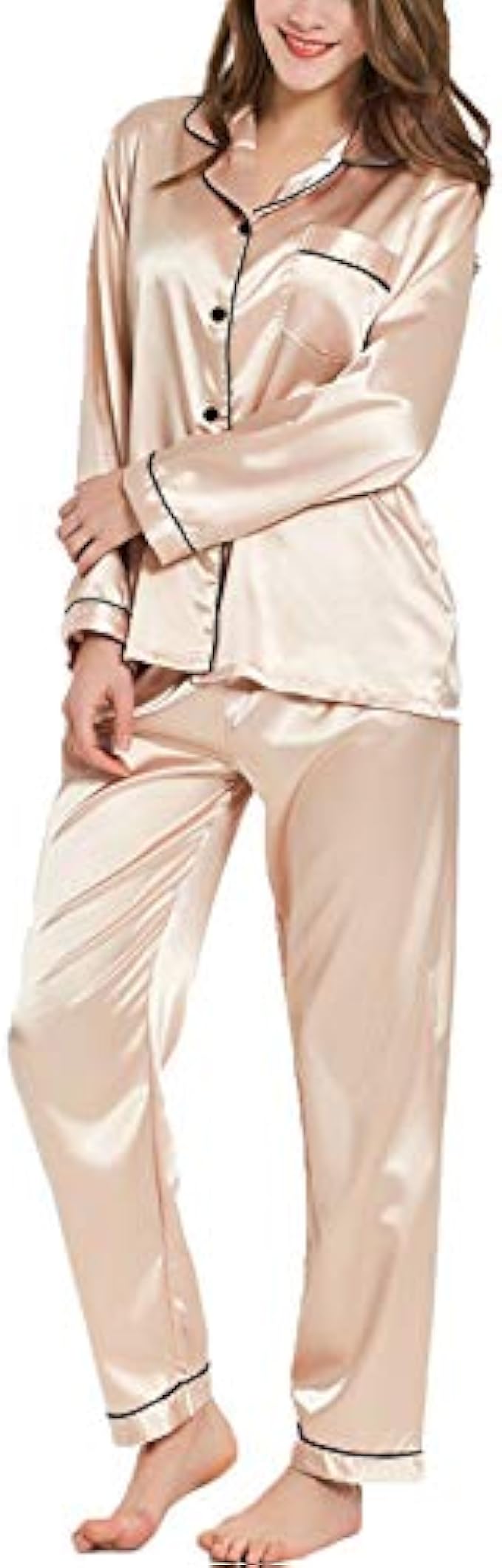 SWOMOG Womens Silk Satin Pajamas Loungewear Two-piece Sleepwear Button-Down Pj Set