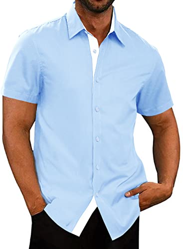 Meilicloth Herren Hemd Kurzarm Blau Freizeithemd Kurzarm Businesshemd Kurzärmliges Regular-Fit Sommer Kurzarmhemd Männer Bügelleichte Faltenfrei Modern West Dress Shirts Herrenhemden Himmelblau L