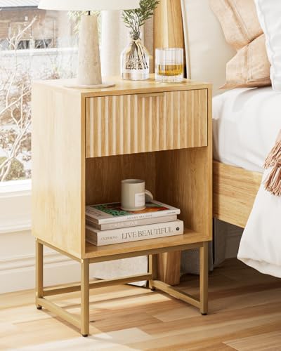 Image of Masupu Fluted Nightstand,Modern Night Stand Wood Bedside Table with Storage Drawer Side End Table for Bedroom,Office,Oak