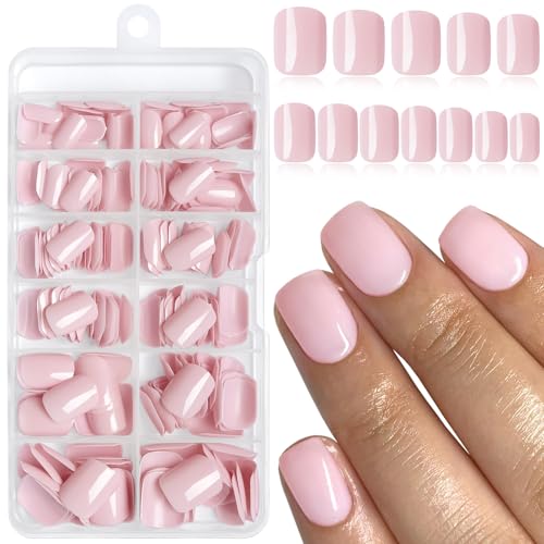 LuckForever 240pc Light Pink Press on Nails Short Square Fake Nails with Adhesive Tabs, Short Acrylic Nails Press ons Nail Pink Glue on Nails Square Artificial Fingernail for Women Girls Kids