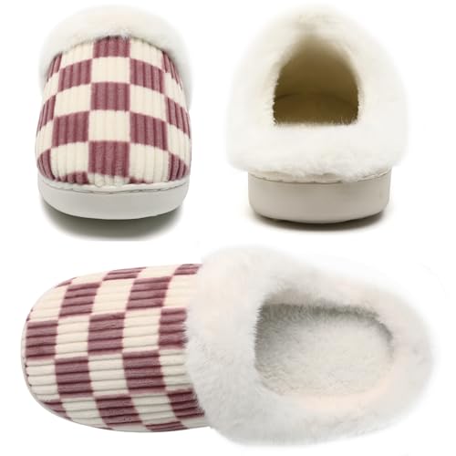 Image of Yueerlu House Slippers for Women Men, Fuzzy Checkered Mens Womens Slippers Warm Memory Foam House Shoes Indoor Outdoor with Faux Fur Lining