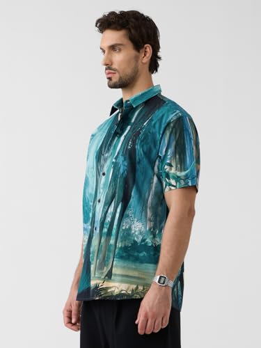 Image of The Souled Store Jungle Book: Into The Wild Men and Boys Short Sleeves Collared Neck Button Front Blue Printed Cotton Blend Regular Fit Holiday Shirts