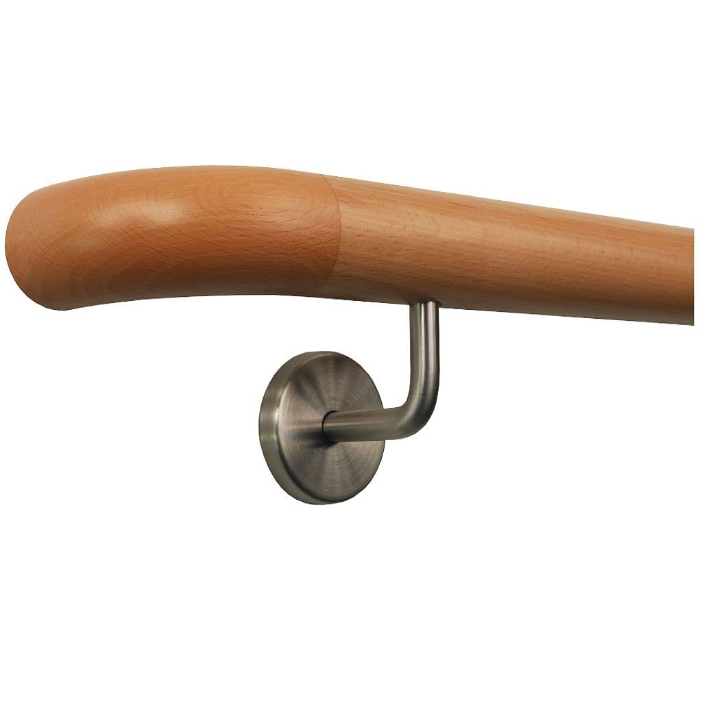 TIBU Barandilla de haya, mango de madera para escalera, soporte de acero inoxidable, longitud 30 – 500 cm, variante: 80 cm, con 2 soportes de madera curvada