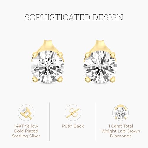 Gilded Lab-Grown Diamond Stud Earrings for Women| 925 Sterling Silver Studs and 14KT Gold 925 Plated Silver | Hypoallergenic Fine Jewelry | 4-Prong Basket, Push Back Nut | Round Cut, SI1 Clarity, F Color | 1/10,1/5,1/4,1/3,3/8,1/2,3/4,7/8,1 Carat Total Weight - Image 3