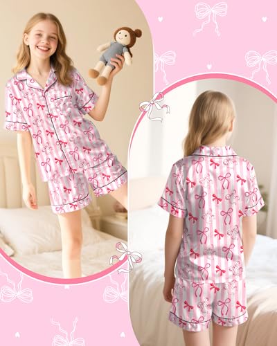 Sylfairy Girls Pajamas Silk PJS Set Pink Bow Satin Sleepwear Short Sleeve Jammies for Kids Button-Down Nightwear size 7-142