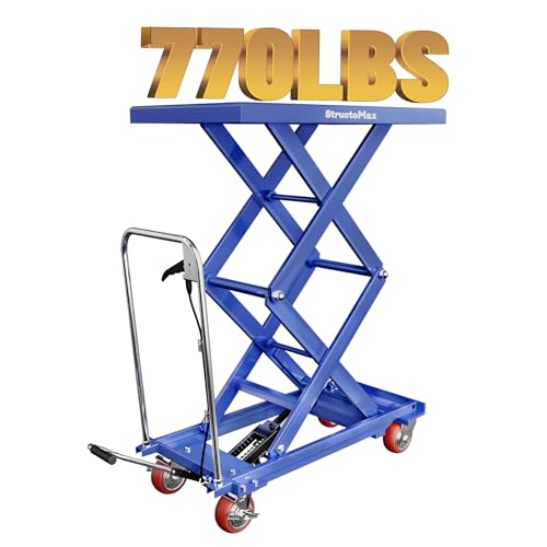 StructoMax Hydraulic Lift Table Cart - 770lbs Capacity, Easy Operation and Swivel Casters with Brakes - Double Scissor Lift for Material Handling and Transportation