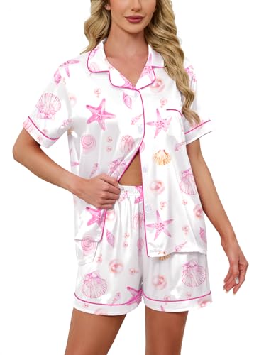 Image of Schbbbta Women Pajamas Set, 2 Pieces Satin Silk Button Down Pjs Short Sleeve Outfits Loungewear