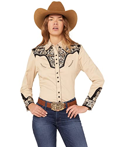 Scully Women's Floral Tooled Embroidered Long Sleeve Western Shirt - PL-654-TAN Medium US