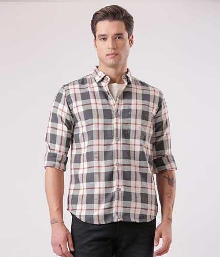 Image of TURMS Men's Casual Checks Shirts, Odor Control, Moisture Wicking, Button Down Collar, Cool Tech Cotton Fabric, Tailored Fit, Full Sleeve