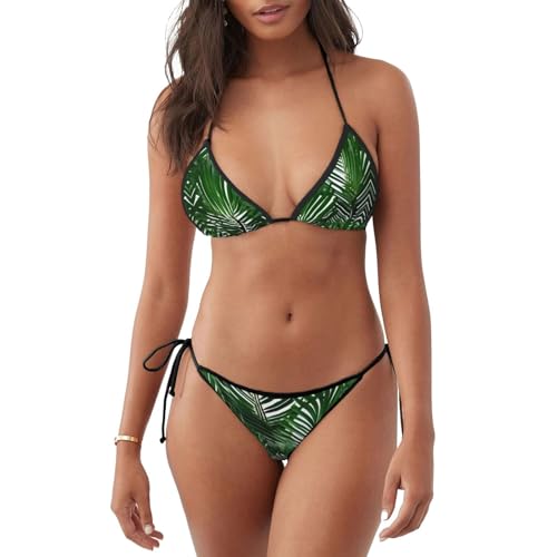 Bonito traje de baño de dos piezas con estampado de hojas de palma verde, traje de baño triangular, conjunto de bikini de cuerda para mujer, con lazo lateral, Negro -, XXL