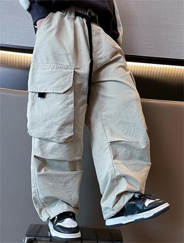 SANGTREE Boy's Baggy Cargo Pants Elastic Waist Multi Pocket Casual Outdoor Trousers, 4-14 Years4