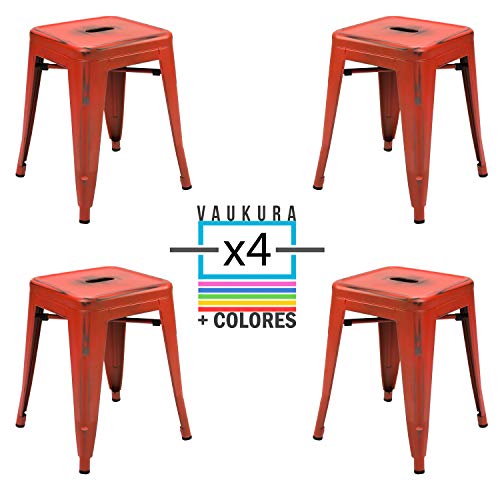 Vaukura Taburete Bajo Tolix (Pack4) - Taburete Industrial Metálico Vintage (Rojo)