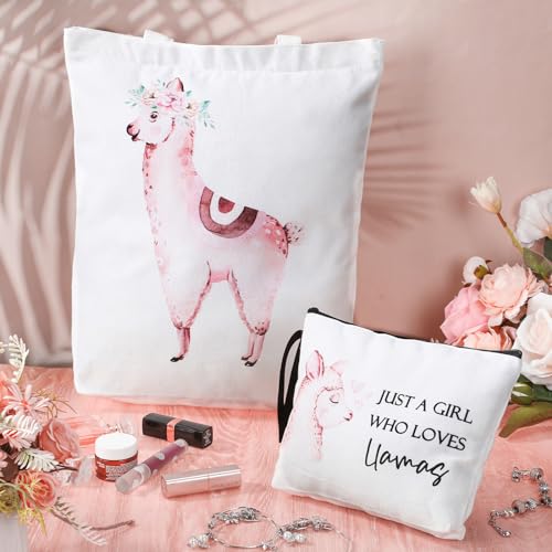 2 Pcs Llama Gifts for Christmas Women Cute Animal Lover Gifts Include Canvas Tote Bag and Makeup Bag Just a Girl Who Loves Llamas Gift for Sister Friends4