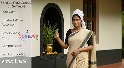 Image of End Finished UV Sterlized Kerala Bath Towel | Kerala Thorthu Mundu | White Colour Thin, Soft & Quick Driying | Pack of 2 (XL - 29'' x 58'' - Pack of 2)