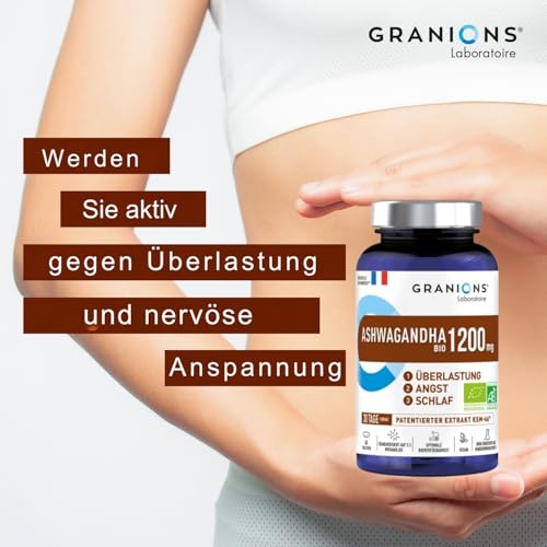 Ashwagandha Kapseln KSM-66 hochdosiert 1200 mg – 60 Tabletten – Natürlicher Stressabbau & cortisol senken – Unterstützt Schlaf, Energie & Nerven – Anti-Stress Nahrungsergänzung - GRANIONS