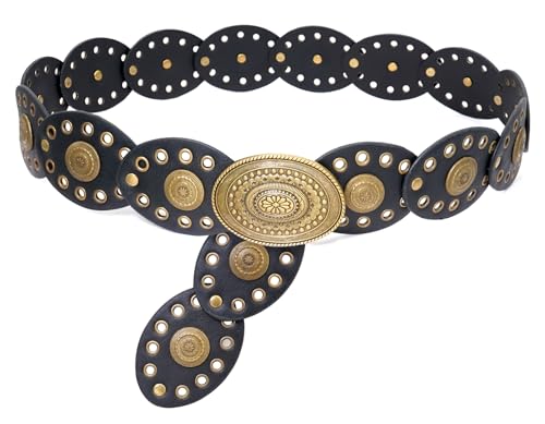 Wide Disc Belt for Women Oval Leather Concho Belt Western Waist Belts for Dress
