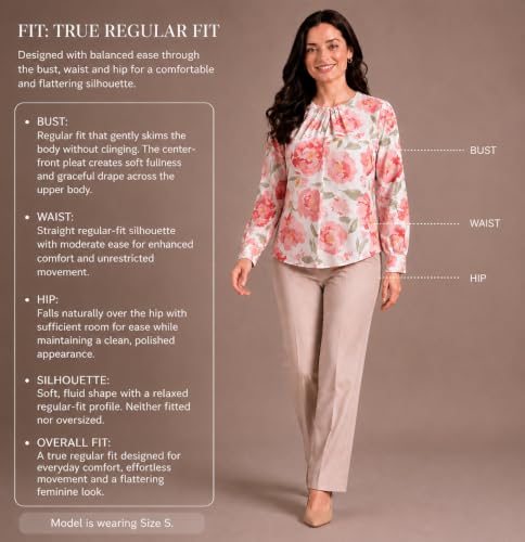 Image of Mirana Women's Full Sleeve Solid Top | Round Neck Pleated Front Regular Fit Office Casual Blouse with Button Cuffs