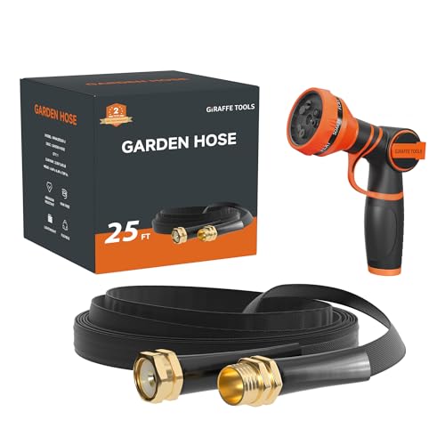 Giraffe Tools Garden Hose 25FT Lightweight Lay Flat Water Hose Kink Free Flexible Hose with 9 Spray...