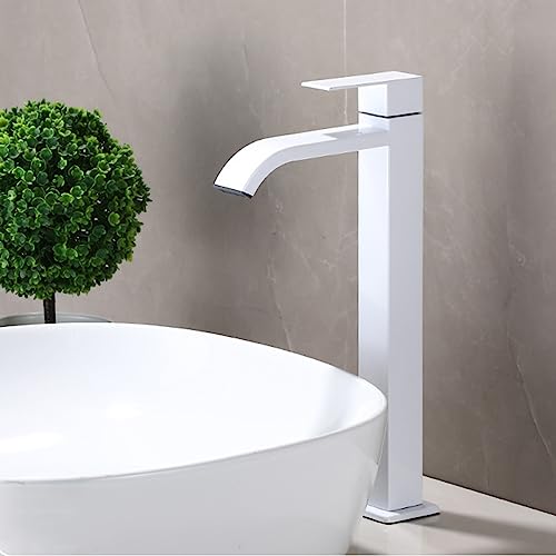 Grifo de baño blanco de arco alto, monomando, de acero inoxidable, grifo mezclador de lavabo en cascada de agua fría para inodoros de invitados, elegante accesorio Lavabo
