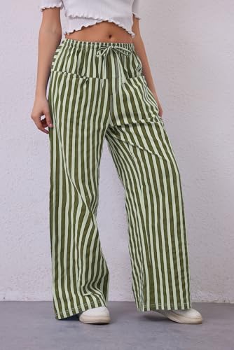 Image of MISSACTIVER Women Drawstring Striped Pants Loose Wide Leg Trousers Casual Low Waist Pants Comfy Lounge Pants with Pockets