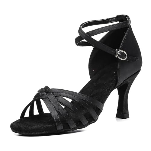 Sekiueo Dam Latinamerikanska dansskor med öppen tå hög klack ballroom-skor salsa festskor justerbar rem lädersula,Black,38 EU