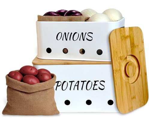 ALYZUS Potato and Onion Storage Bin with Dual Jute Bags – Stackable Metal Food Containers with lids for Fresh Produce, Perfect for Kitchen Counter and Stylish Pantry Organizer (Set of 2)