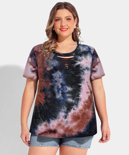 Image of CARCOS Plus Size Tops for Women Short Sleeve Shirts Basic Tee Solid Color Blouse V Neck Tunic Loose Fit Tshirts Summer XL-5XL