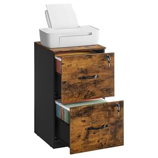 VASAGLE File Cabinet, Filing Cabinet for Home Office, Printer Stand, with 2 Lockable Drawers, Adjustable Hanging Rails, for A4 and Letter-Size Files, Rustic Brown and Ink Black OFC061B01