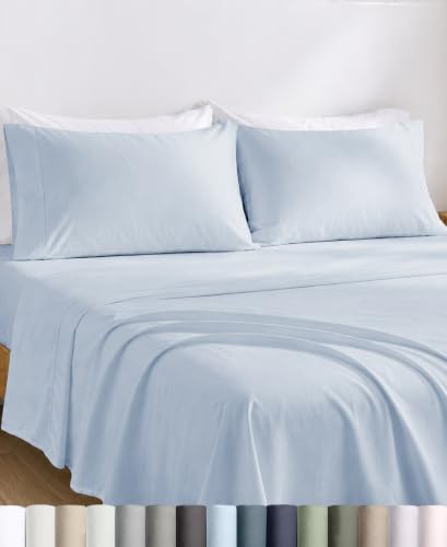 Image of California Design Den 100% Egyptian Cotton Cal King Sheets, 4 Pcs, Sky Blue | Certified & Backed by GH Seal, Light, Airy & Crisp Percale for Hot Sleepers, 16 inch Deep Pocket, All-Around Elastic, 4pc Set
