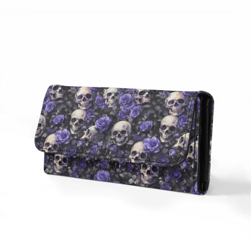 Image of AFPANQZ Skull Purple Rose Leather Wallets for Women RFID Blocking Checkbook Wallet with Cit Card Slots, Women's Leather Purse Large Capacity PU Purses with Zipper